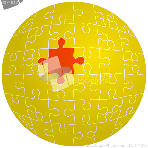 Image of Jigsaw puzzle in the shape of a sphere with one red. Vector illu