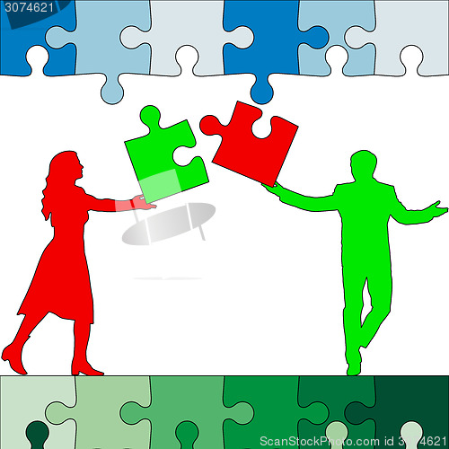 Image of Jigsaw puzzle hold silhouettes of men and women green and red. V