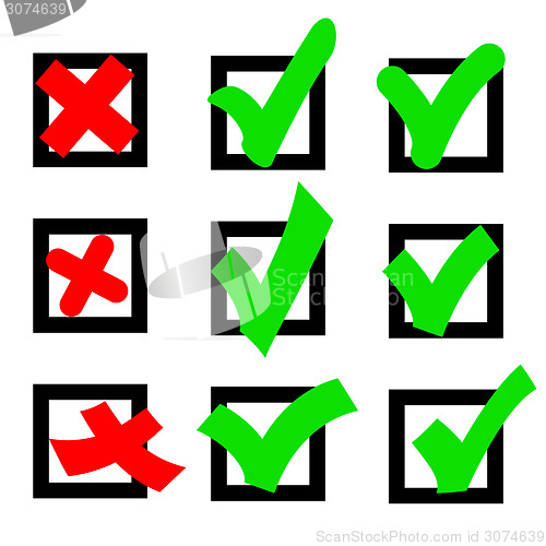 Image of Set  check marks or ticks in boxes conceptual. Vector illustrati