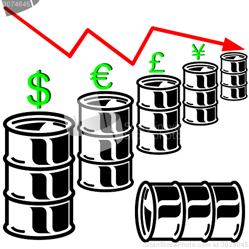Image of Oil barrel graph with red arrow pointing down. Vector illustrati