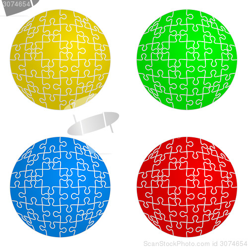 Image of Jigsaw puzzle set form of spheres  four colors. Vector illustrat