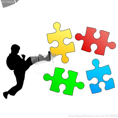 Image of Jigsaw puzzle silhouette of karate breaks leg. Vector illustrati