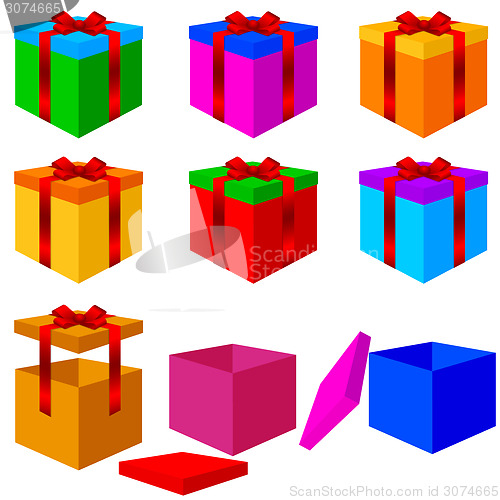 Image of Collection of colorful box christmas gifts with ribbons. Vector 
