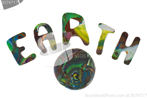 Image of Plasticine letters forming word Earth written on white background