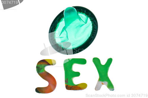 Image of Colored condom and sex word isolated on white background
