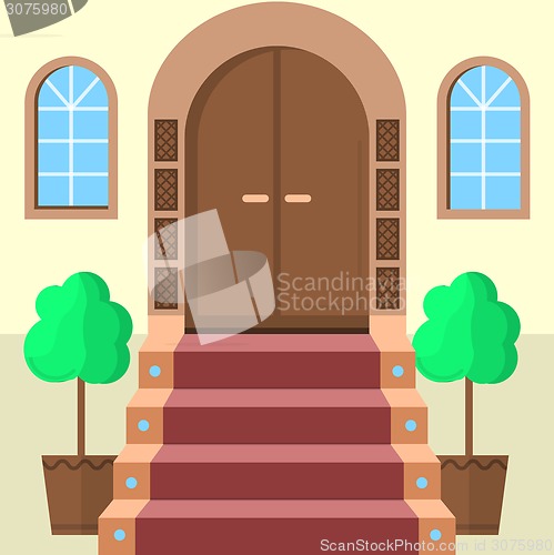 Image of Flat vector illustration of facade doors with stairs