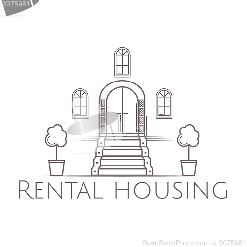 Image of Vector illustration of vintage facade door with stairs icon with text