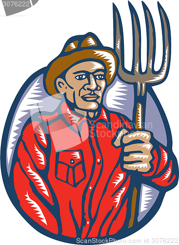 Image of Organic Farmer Holding Pitchfork Woodcut Linocut
