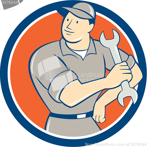 Image of Mechanic Hold Spanner Wrench Circle Cartoon
