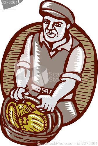 Image of Organic Farmer Harvest Basket Woodcut Linocut