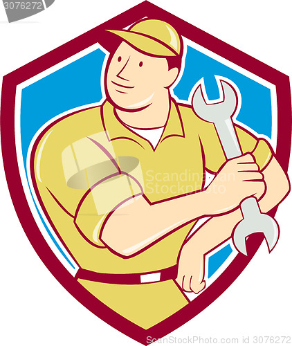 Image of Mechanic Hold Spanner Wrench Shield Cartoon