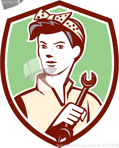 Image of Female Mechanic Worker Holding Spanner Retro