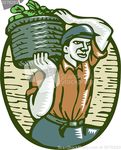 Image of Organic Farmer Basket Crop Woodcut Linocut