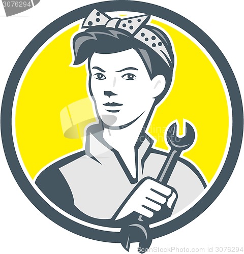 Image of Female Mechanic Worker Holding Wrench Retro