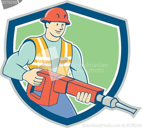 Image of Construction Worker Jackhammer Shield Cartoon