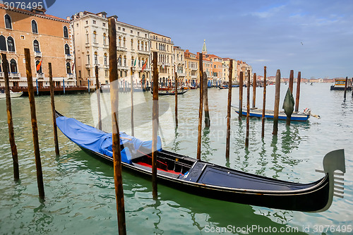 Image of Moored gondolas in Venice