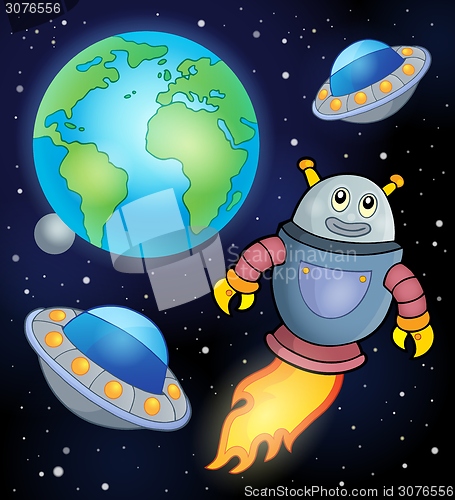 Image of Space theme with flying robot