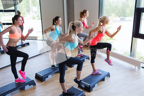 Image of group of women working out with steppers in gym