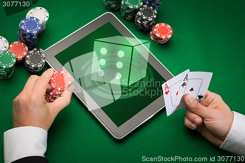 Image of casino poker player with cards, tablet and chips