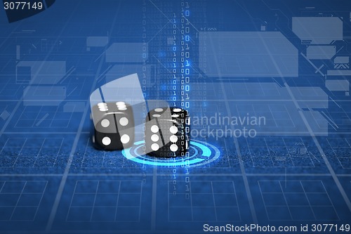 Image of close up of black dice on blue casino table