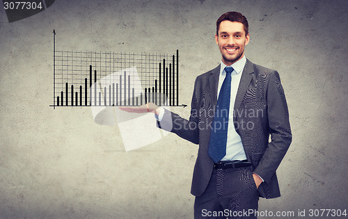 Image of man showing growing chart on the palm of his hand