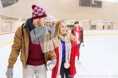 Image of happy friends on skating rink