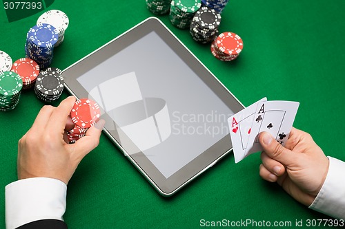 Image of casino poker player with cards, tablet and chips