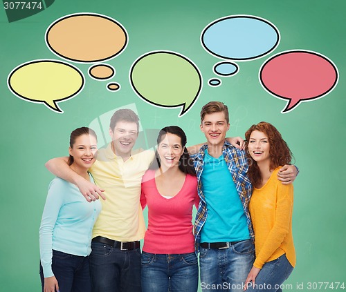 Image of group of smiling teenagers with text bubbles