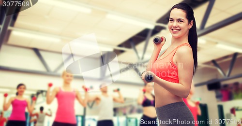 Image of young sporty woman with light dumbbells