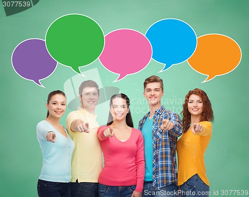 Image of group of smiling teenagers with text bubbles