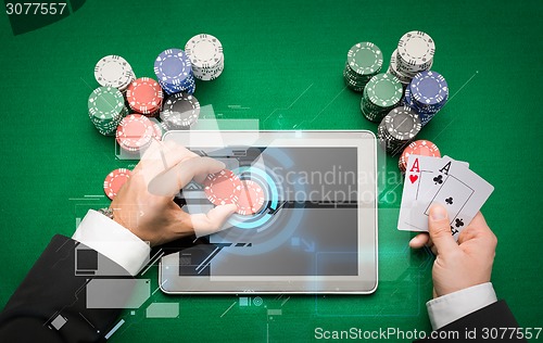 Image of casino poker player with cards, tablet and chips