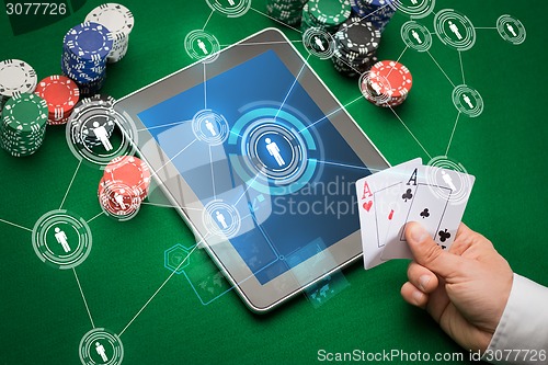 Image of casino poker player with cards, tablet and chips