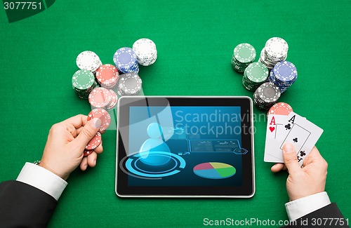 Image of casino poker player with cards, tablet and chips