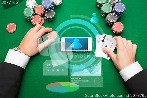 Image of casino player with cards, smartphone and chips