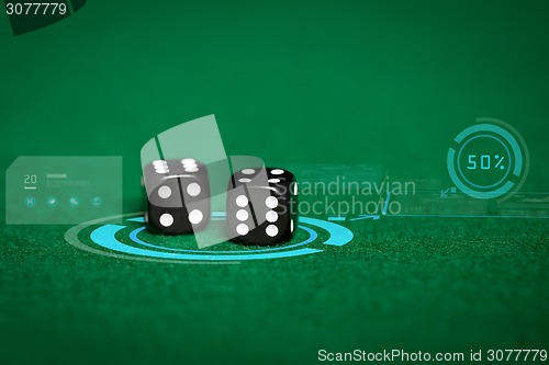 Image of close up of black dice on green casino table