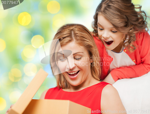 Image of happy mother and daughter opening gift box