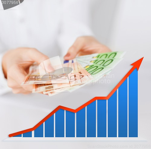 Image of close up of woman hands with chart and money