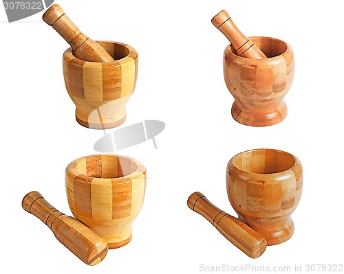 Image of Wooden mortar and pestle. Set.