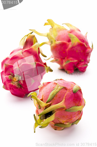 Image of Three Whole Dragonfruits On White Background