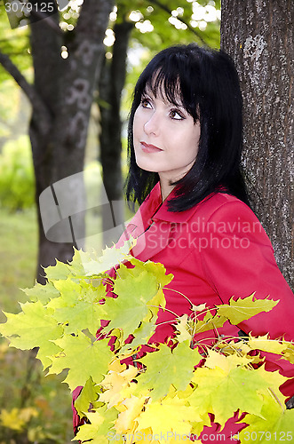 Image of Girl with a bouquet of yellow leaves