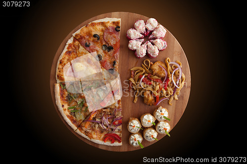 Image of pizza and sushi f
