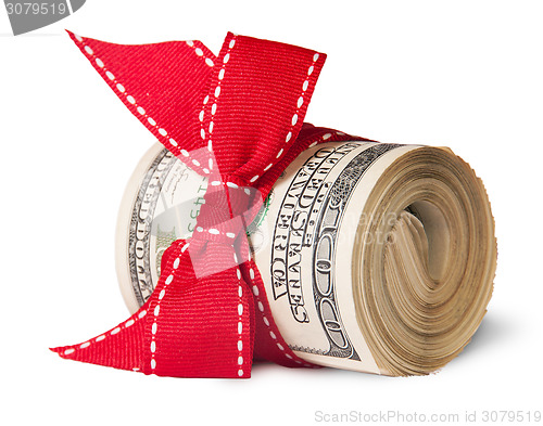 Image of Roll Of One Hundred Dollar Bills Tied With Red Ribbon