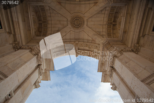 Image of The Rua Augusta Arch in Lisbon. Here are the sculptures made of 