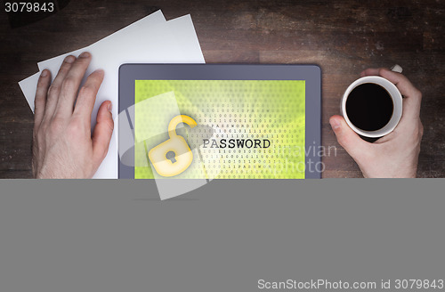 Image of Tablet on a desk, concept of data protection