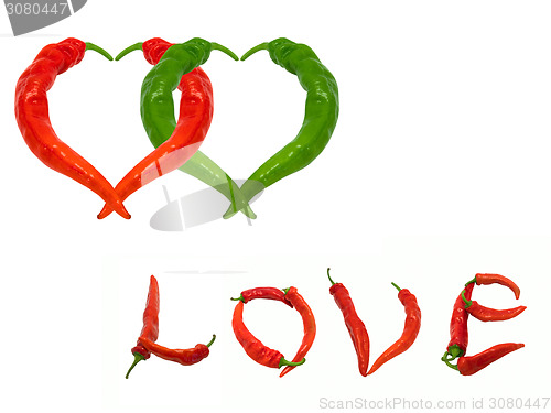 Image of Two hearts and word Love composed of red and green chili peppers