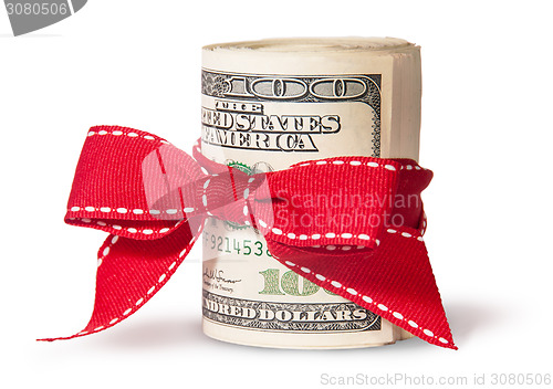 Image of Vertical Roll Of One Hundred Dollar Bills Tied With Red Ribbon
