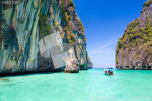 Image of Wooden boad in Maya bay, Thailand.