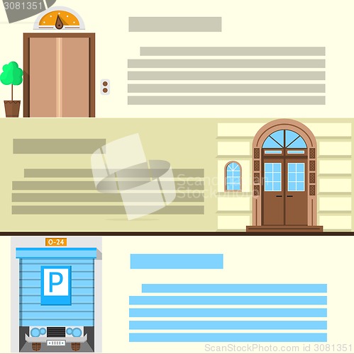 Image of Flat color vector icons set for entrance