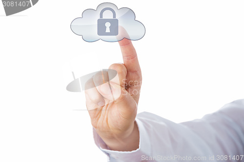 Image of Index Finger Touching Lock Icon In Cloud Button