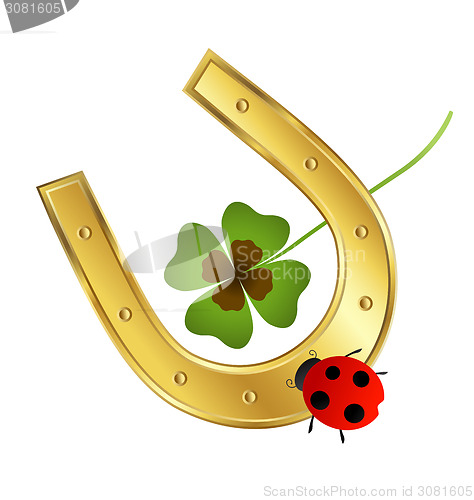 Image of ladybird, horseshoe and shamrock leaf 